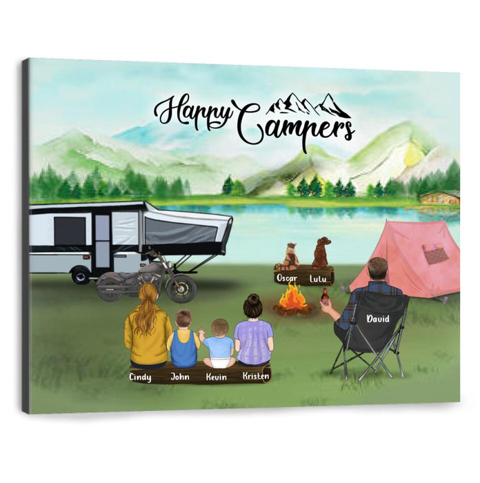 Custom Personalized Camping Canvas - Single Man/Woman with up to 4 Kids and 2 Pets - Gift For Father's Day - Happy Campers