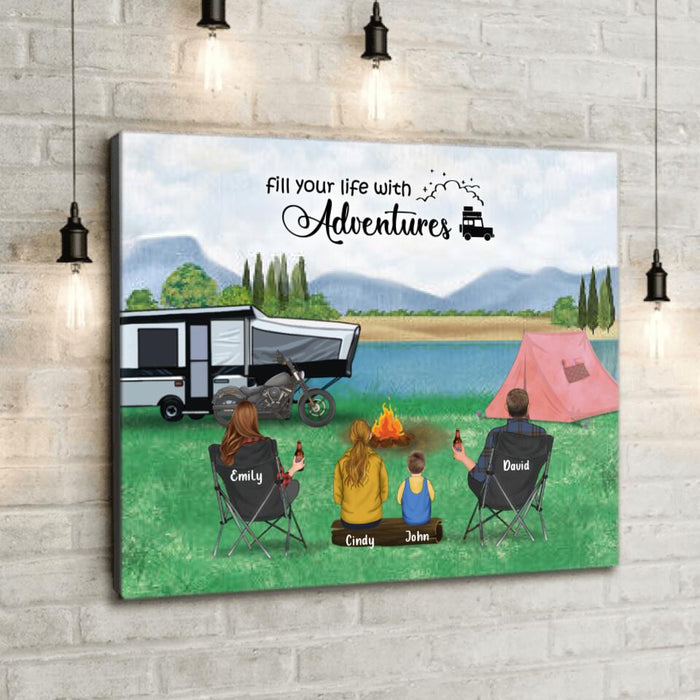 Custom Personalized Camping Canvas - Parents with 2 Kids and up to 4 Pets - Father's Day Gift from Wife to Husband - Fill your life with adventures