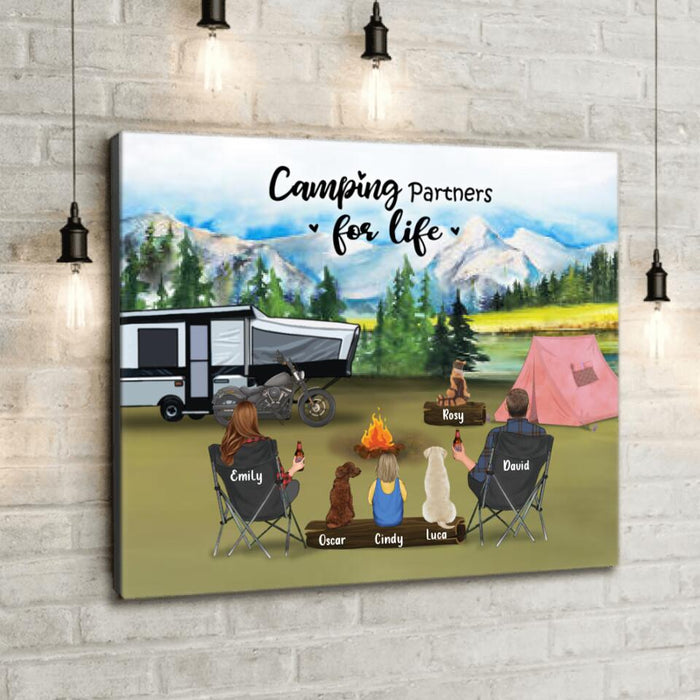 Personalized Camping Canvas - Parents with Toddler and 3 Pets - Gift For The Whole Family, Camping Lovers - Camping Partners For Life