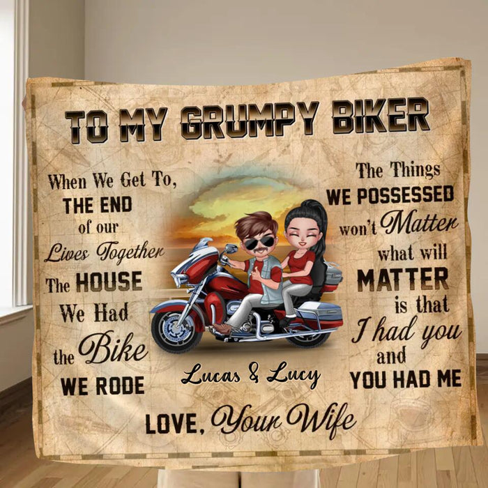 Custom Personalized Couple Riding Pillow Cover/ Quilt/Single Layer Fleece Blanket - Gift To Husband From Wife - To My Grumpy Biker