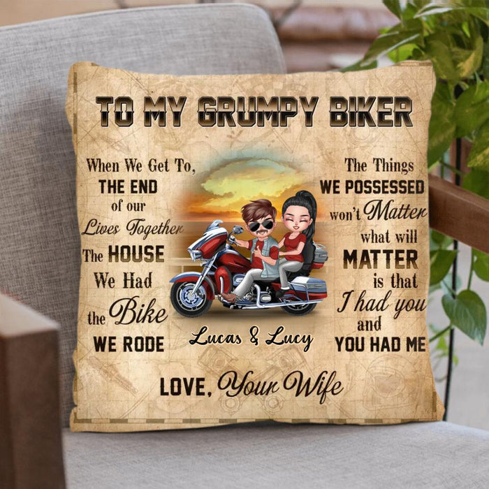 Custom Personalized Couple Riding Pillow Cover/ Quilt/Single Layer Fleece Blanket - Gift To Husband From Wife - To My Grumpy Biker