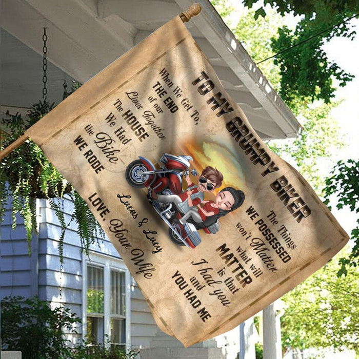 Custom Personalized Couple Riding Flag Sign - Gift To Couple/ Gift To Husband From Wife - To My Grumpy Biker