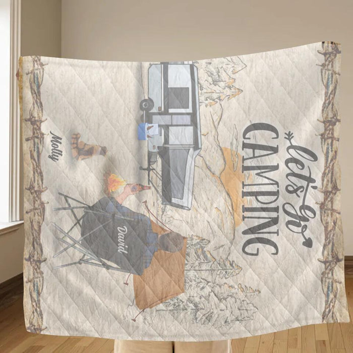 Custom Personalized Camping Quilt/Single Layer Fleece Blanket - Gift Idea For Camping Lovers - Couple/Single Man/Woman With Upto 6 Pets - Let's Go Camping