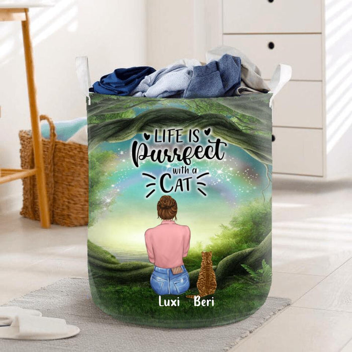 Custom Personalized Cat Mom Laundry Basket - Gift For Cat Lovers With Up To 4 Cats - Life Is Purrfect With Cats