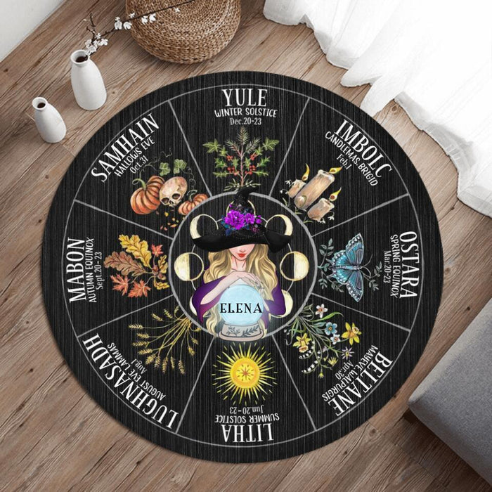 Custom Personalized Wheel Of The Year Foldable Round Rug - Gift For Witch/Wicca/Pagan Decor