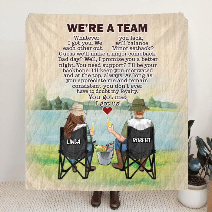 Custom Personalized Fishing Couple Quilt/Single Layer Fleece Blanket/Pillow Cover - Gift Idea For Couple/Fishing Lovers - We're A Team