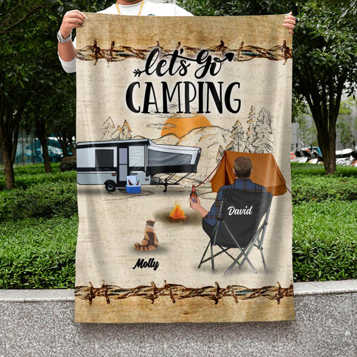 Custom Personalized Camping Flag Sign - Gift Idea For Camping Lovers - Couple/Single Man/Woman With Upto 6 Pets - Let's Go Camping