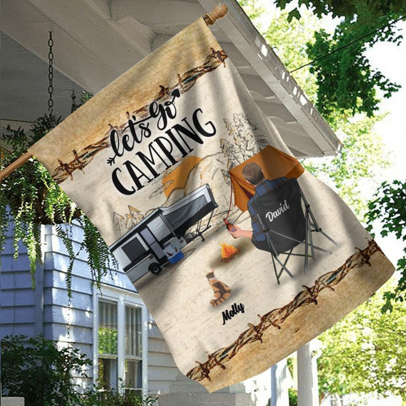 Personalized Camping Flag Sign - Gift Idea For Camping Lovers - Couple/Single Man/Woman With Up to 6 Pets - Let's Go Camping