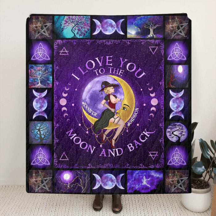 Custom Personalized Witch Couple Quilt/Single Layer Fleece Blanket - Gift Idea For Couple/ Witch Lovers - I Love You To The Moon And Back