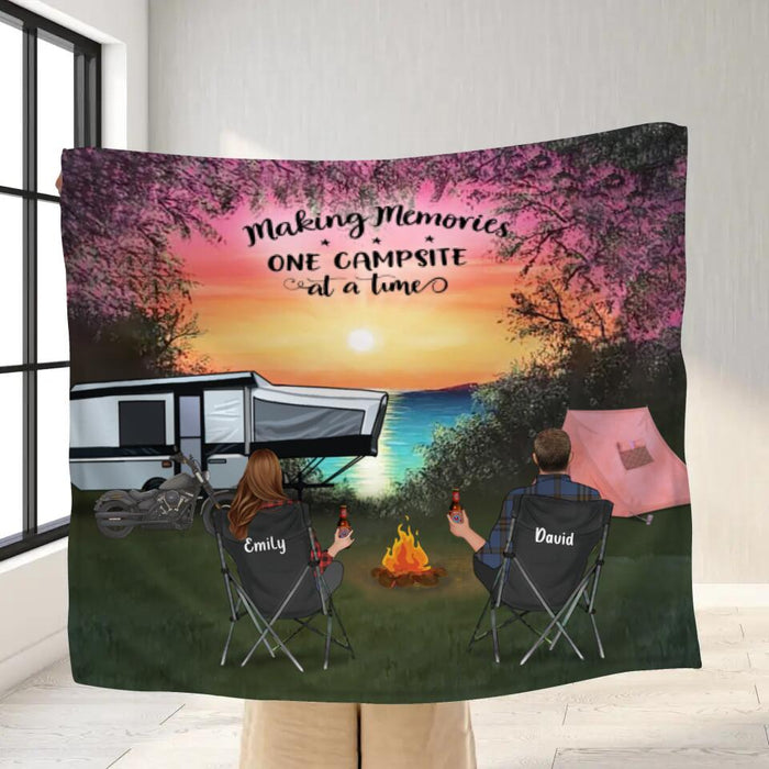 Custom Personalized Night Camping Single Fleece/Quilt Blanket - Gif for Camping Lovers - Camping Family with Kids and Pets