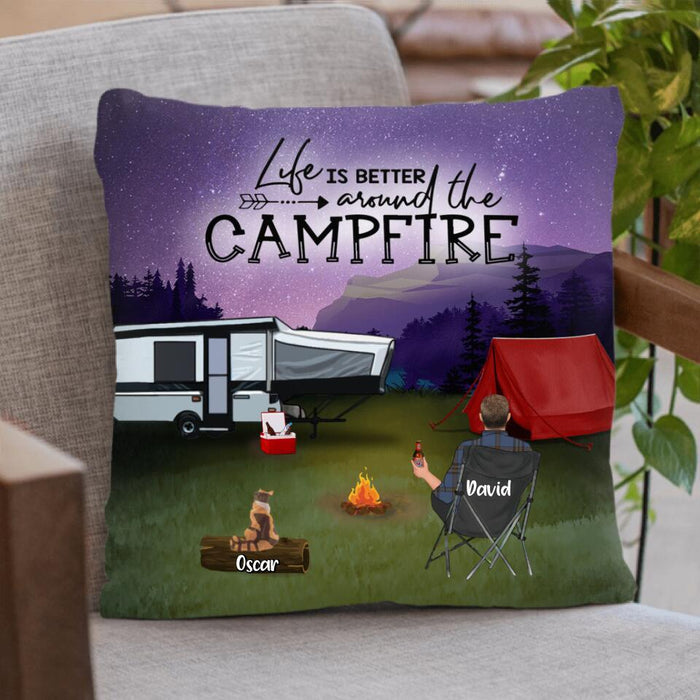 Custom Personalized Night Camping Pillow Cover - Solo/ Couple With Upto 2 Children And 4 Pets - Gift For Camping Lover - Life Is Better Around The Campfire