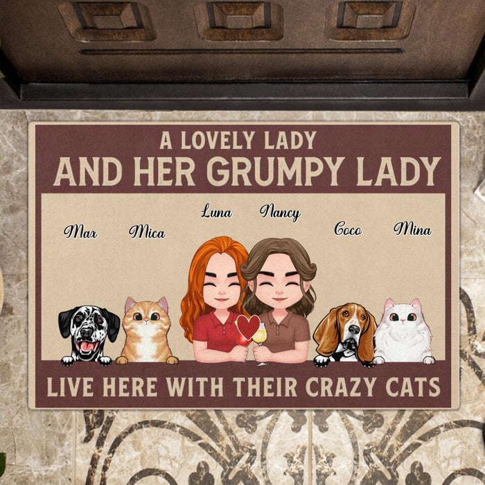 Custom Personalized Couple With Pets Doormat - Gift Idea For LGBT Couple/Dog/Cat Lovers - Upto 4 Pets - A Lovely Lady And Her Grumpy Lady Live Here With Their Crazy Cats