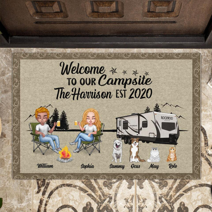 Custom Personalized Camping Doormat - Gift for Camping Lovers - Camping Couple with Pets - Welcome to our campsite