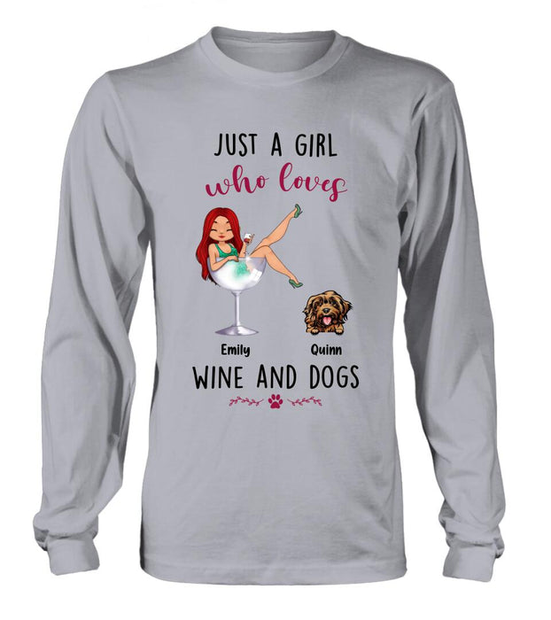 Custom Personalized Dog Mom T-shirt/ Long Sleeve/ Sweatshirt/ Hoodie - Upto 4 Dogs - Gift Idea For Dog Lover - Just A Girl Who Loves Wine And Dogs