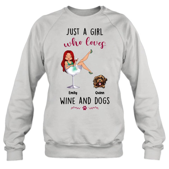 Custom Personalized Dog Mom T-shirt/ Long Sleeve/ Sweatshirt/ Hoodie - Upto 4 Dogs - Gift Idea For Dog Lover - Just A Girl Who Loves Wine And Dogs