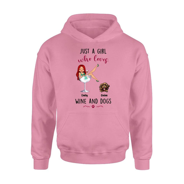 Custom Personalized Dog Mom T-shirt/ Long Sleeve/ Sweatshirt/ Hoodie - Upto 4 Dogs - Gift Idea For Dog Lover - Just A Girl Who Loves Wine And Dogs