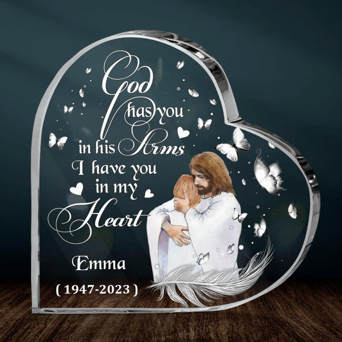 Custom Personalized Safe In The Arms Of Jesus Crystal Heart - Memorial Gift Idea For Family Member - God Has You In His Arms I Have You In My Heart