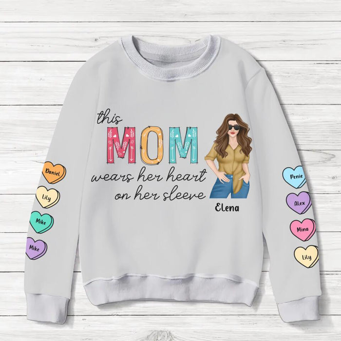 Personalized Mom Sweater - Gift for Mother's Day - Up to 8 Hearts - This Mom Wears Her Heart On Her Sleeve