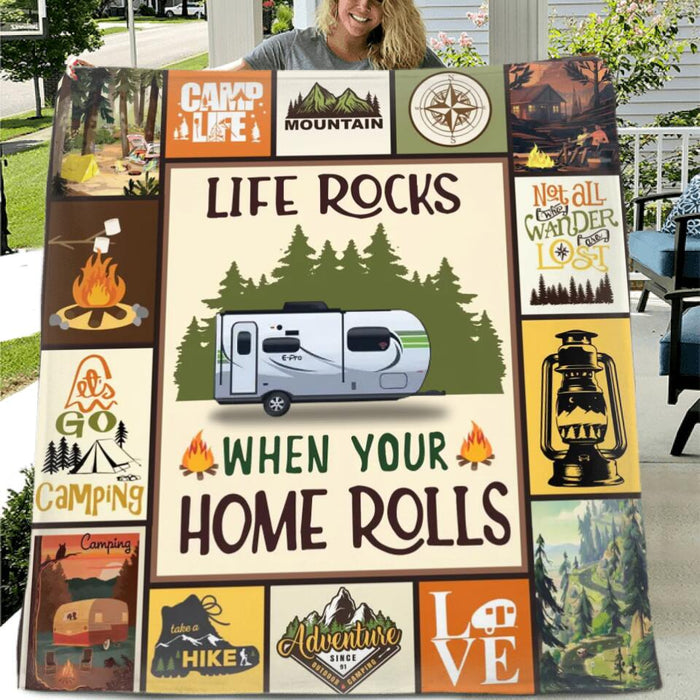 Custom Personalized Camping Singer Layer Fleece/Quilt Blanket - Gift for Camping Lovers - Life Rocks When Your Home Rolls