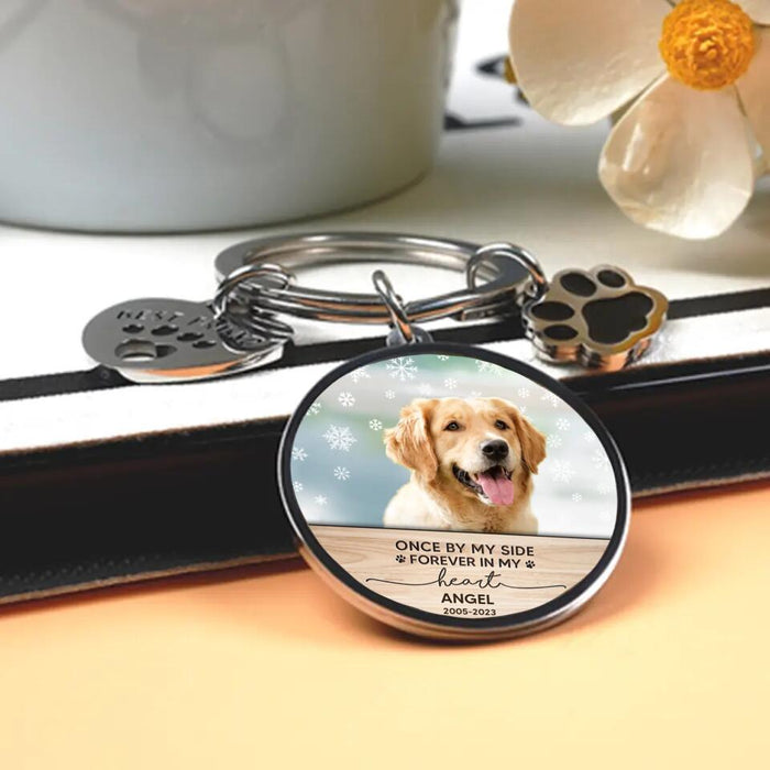 Custom Personalized Photo Keychain Pet Charm Key Ornaments - Memorial Gift for Dog/Cat Lovers - Once By My Side Forever In My Heart