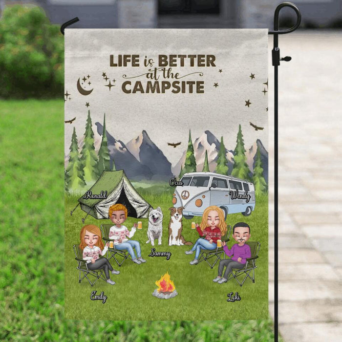 Custom Personalized Camping Flag - Upto 4 People and 2 Pets - Gift Idea For Couple/Camping/Dog/Cat Lovers - Life Is Better At The Campsite