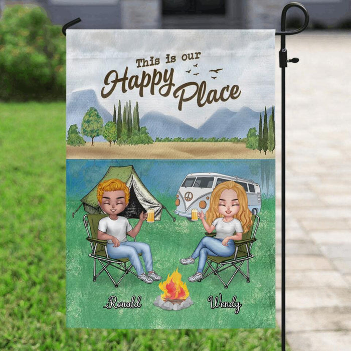 Custom Personalized Camping Flag Sign - Upto 4 People and 2 Pets - Gift Idea For Couple/ Camping/ Dog/Cat Lovers - This Is Our Happy Place