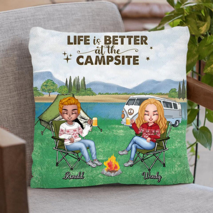 Custom Personalized Camping Pillow Cover/ Quilt/Fleece Blanket - Upto 4 People and 2 Pets - Gift Idea For Couple/Camping/Dog/Cat Lovers - Life Is Better At The Campsite