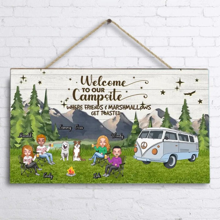 Custom Personalized Camping Wooden Sign - Upto 4 People and 2 Pets - Gift Idea For Couple/Camping/Dog/Cat Lovers - Welcome To Our Campsite