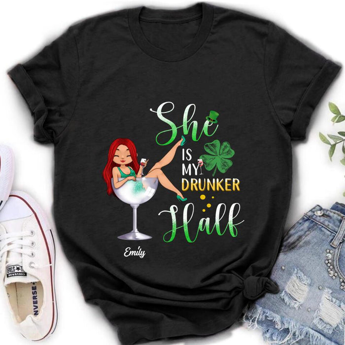 Custom Personalized Drunker Half T-Shirt/ Long Sleeve/ Sweatshirt/ Hoodie - Gift Idea For St. Patrick's Day - She Is My Drunker Half