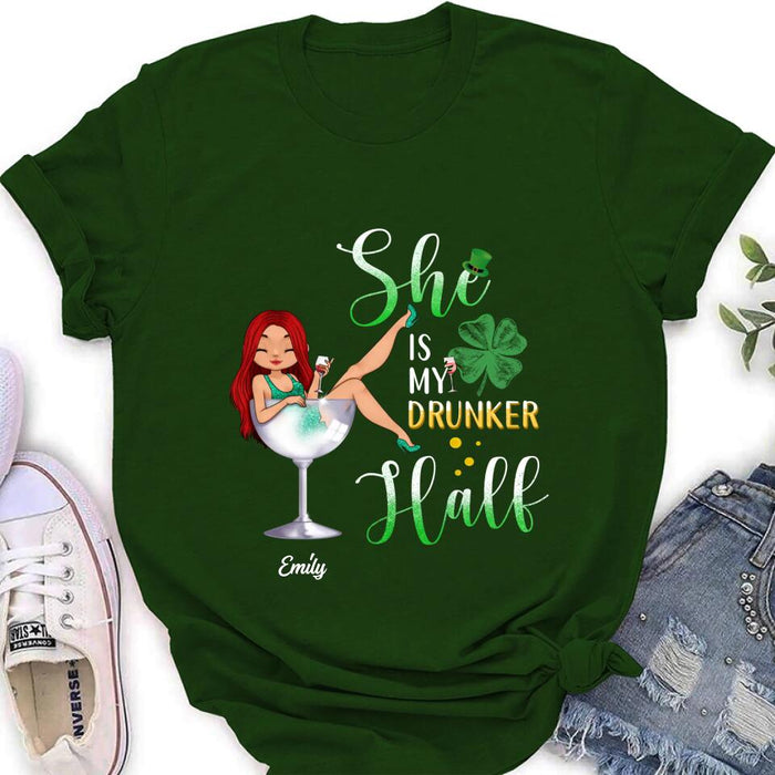 Custom Personalized Drunker Half T-Shirt/ Long Sleeve/ Sweatshirt/ Hoodie - Gift Idea For St. Patrick's Day - She Is My Drunker Half