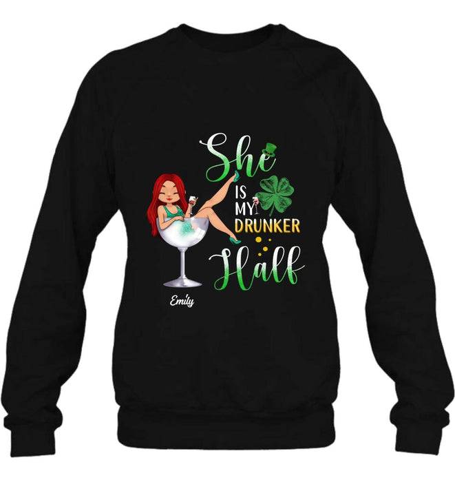 Custom Personalized Drunker Half T-Shirt/ Long Sleeve/ Sweatshirt/ Hoodie - Gift Idea For St. Patrick's Day - She Is My Drunker Half