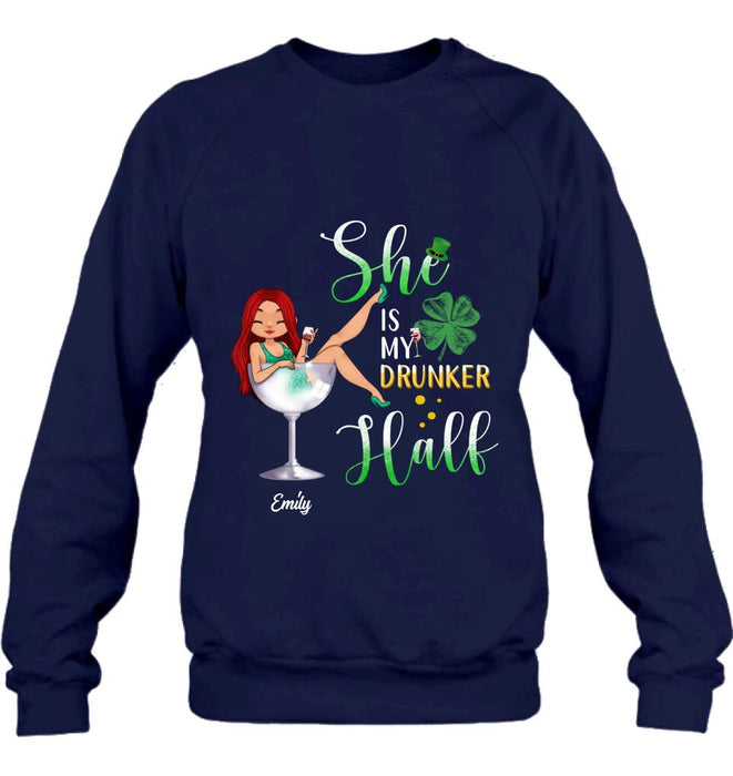 Custom Personalized Drunker Half T-Shirt/ Long Sleeve/ Sweatshirt/ Hoodie - Gift Idea For St. Patrick's Day - She Is My Drunker Half