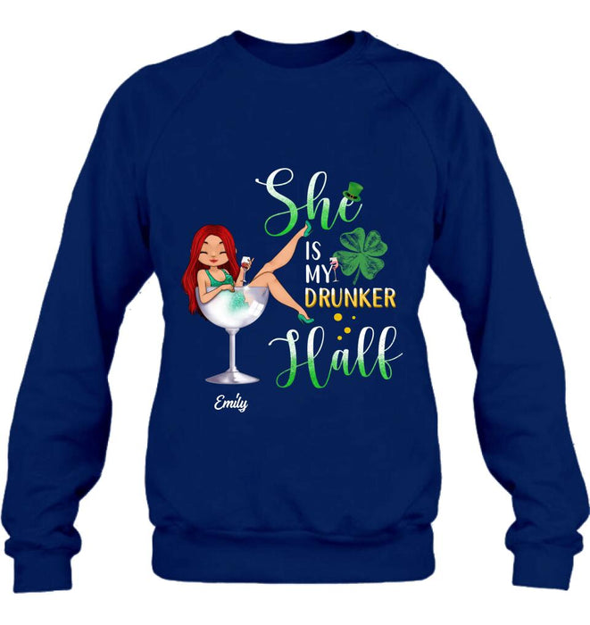 Custom Personalized Drunker Half T-Shirt/ Long Sleeve/ Sweatshirt/ Hoodie - Gift Idea For St. Patrick's Day - She Is My Drunker Half