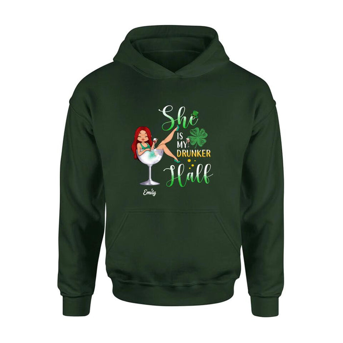 Custom Personalized Drunker Half T-Shirt/ Long Sleeve/ Sweatshirt/ Hoodie - Gift Idea For St. Patrick's Day - She Is My Drunker Half