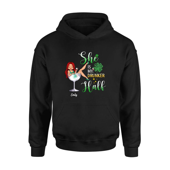 Custom Personalized Drunker Half T-Shirt/ Long Sleeve/ Sweatshirt/ Hoodie - Gift Idea For St. Patrick's Day - She Is My Drunker Half