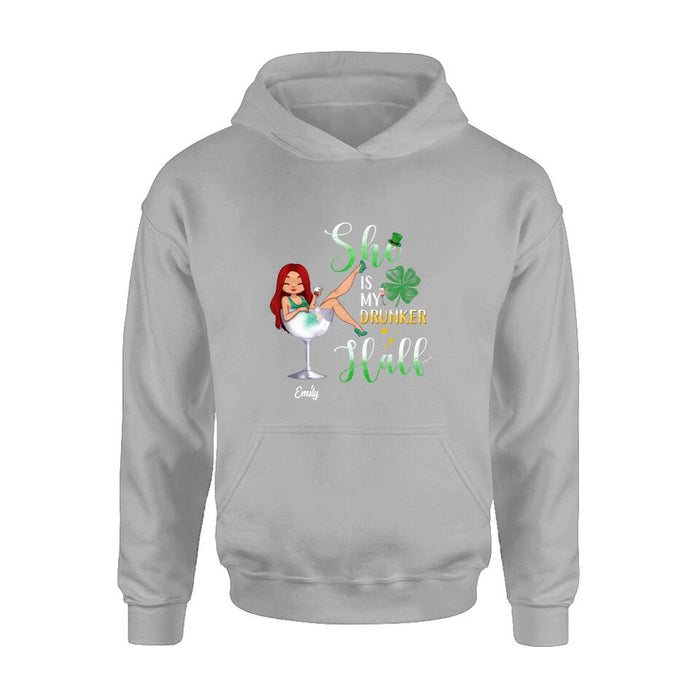 Custom Personalized Drunker Half T-Shirt/ Long Sleeve/ Sweatshirt/ Hoodie - Gift Idea For St. Patrick's Day - She Is My Drunker Half