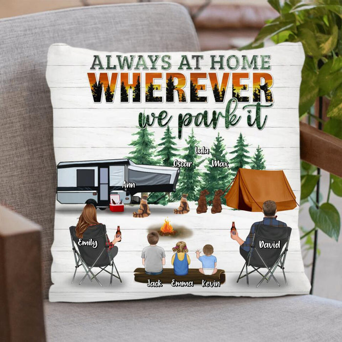 Custom Personalized Camping Pillow Cover/Quilt/Singer Layer Fleece Blanket - Couple/Parents with Up to 3 Children and 4 Pets - Gift Idea From Camping Lovers/Family - Always At Home Wherever We Park It