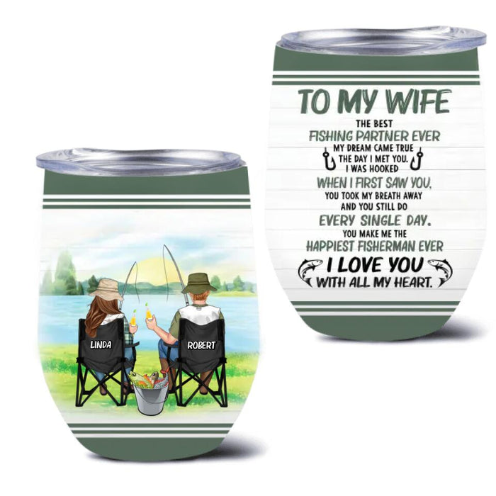 Custom Personalized Fishing Couple Wine Tumbler 12oz - Gift for Fishing Lovers/Couple/Husband and Wife - I love you with all my heart