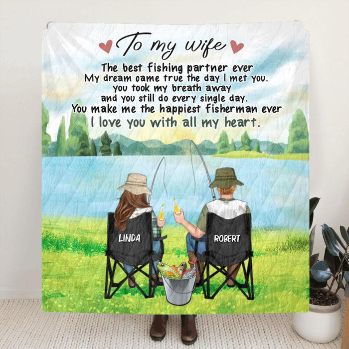 Custom Personalized Fishing Couple Fleece/Quilt Blanket - Gift for Fishing Lovers/Couple/Husband and Wife - I love you with all my heart