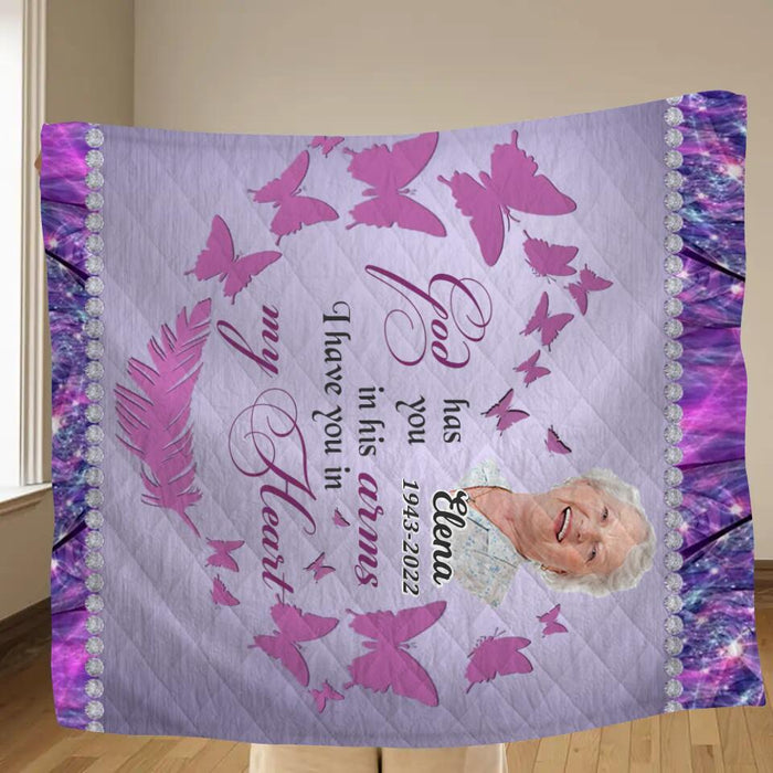 Custom Personalized Memorial Photo Pillow Cover/ Single Layer Fleece/Quilt Blanket - Memorial Gift Idea - God Has You In His Arms I Have You In My Heart