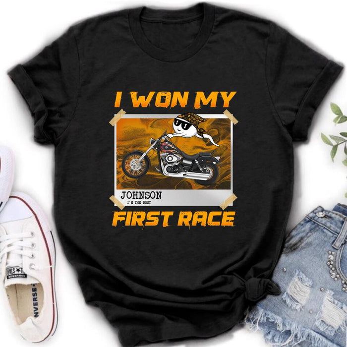 Custom Personalized Sperm Racing T-shirt/ Long Sleeve/ Sweatshirt/ Hoodie - Birthday Gift For Motorcycle Lover - I Won My First Race