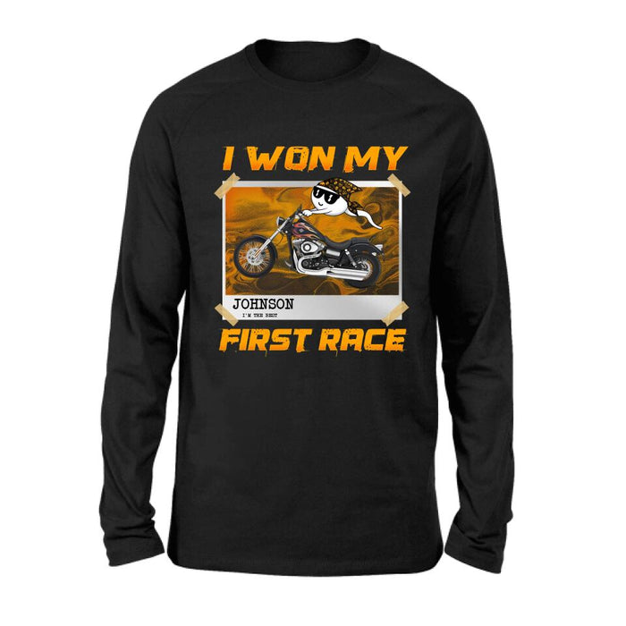 Custom Personalized Sperm Racing T-shirt/ Long Sleeve/ Sweatshirt/ Hoodie - Birthday Gift For Motorcycle Lover - I Won My First Race