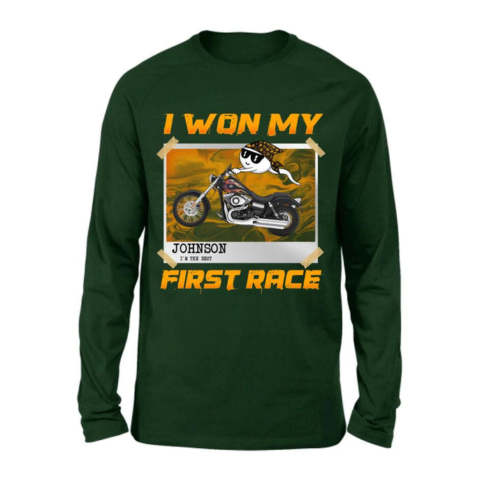 Custom Personalized Sperm Racing T-shirt/ Long Sleeve/ Sweatshirt/ Hoodie - Birthday Gift For Motorcycle Lover - I Won My First Race