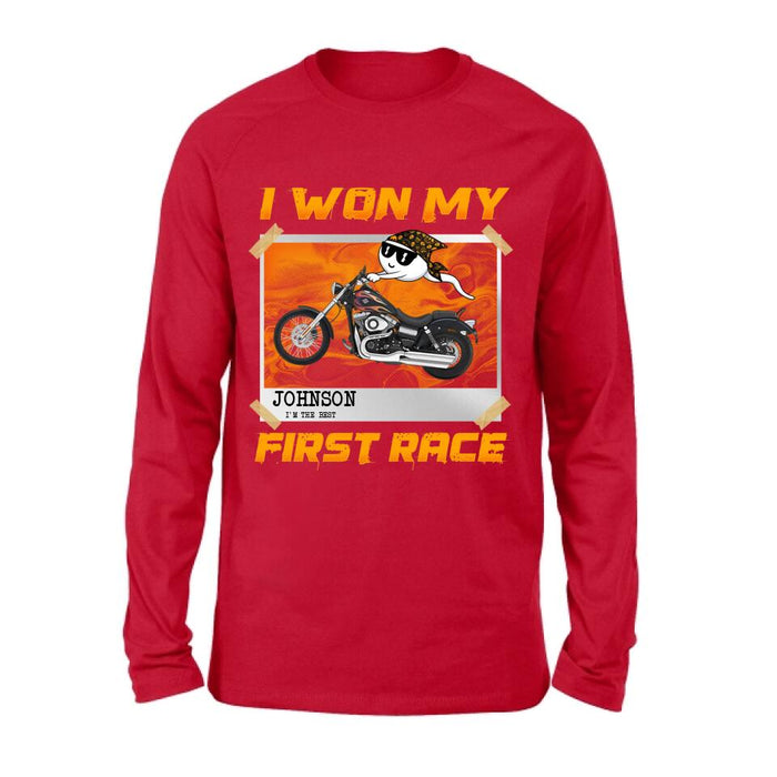 Custom Personalized Sperm Racing T-shirt/ Long Sleeve/ Sweatshirt/ Hoodie - Birthday Gift For Motorcycle Lover - I Won My First Race