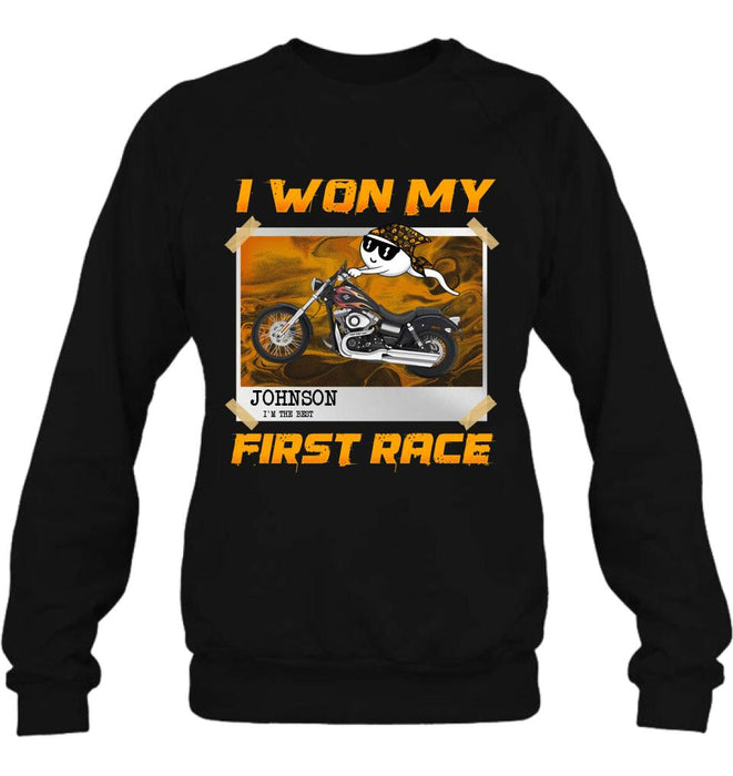 Custom Personalized Sperm Racing T-shirt/ Long Sleeve/ Sweatshirt/ Hoodie - Birthday Gift For Motorcycle Lover - I Won My First Race