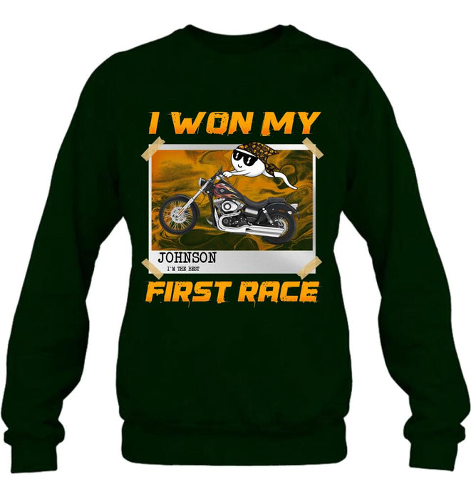 Custom Personalized Sperm Racing T-shirt/ Long Sleeve/ Sweatshirt/ Hoodie - Birthday Gift For Motorcycle Lover - I Won My First Race