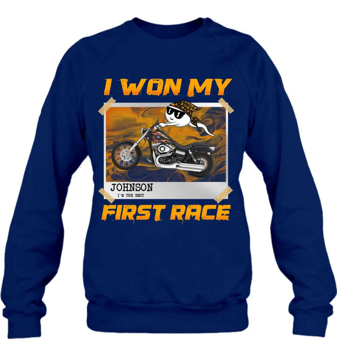 Custom Personalized Sperm Racing T-shirt/ Long Sleeve/ Sweatshirt/ Hoodie - Birthday Gift For Motorcycle Lover - I Won My First Race