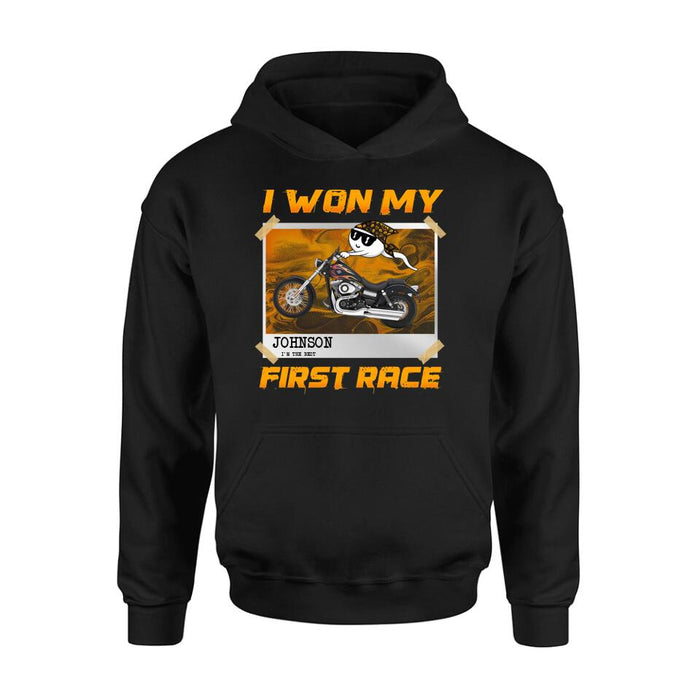 Custom Personalized Sperm Racing T-shirt/ Long Sleeve/ Sweatshirt/ Hoodie - Birthday Gift For Motorcycle Lover - I Won My First Race