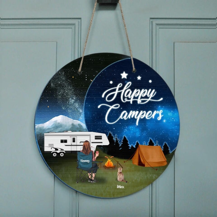 Custom Personalized Camping Moon Circle Wall Art - Solo/ Couple With Upto 4 Pets - Best Gift For Camping Lover - Happy Campers