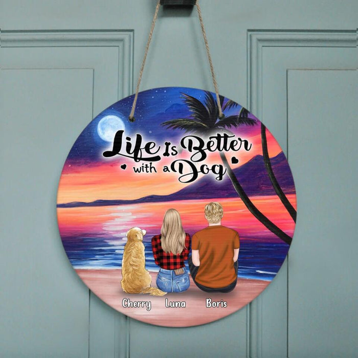 Custom Personalized Couple and Dog Beach Dawn Door Sign - Gift For Camping Lovers with up to 4 Dogs - This Is Our Happy Place